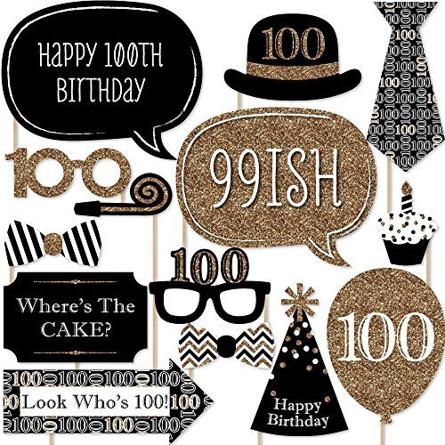 Big Dot of Happiness Adult 100th Birthday - Gold - Birthday Party Photo Booth Props Kit - 20 Count