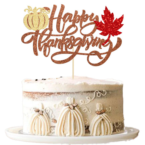 Gyufise 1 Pack Happy Thanksgiving Cake Topper Brown Glitter Maple Leaf Pumpkin Fall Theme Cake Pick Decorations for Thanksgiving Day Theme Party Cake Decorations Supplies