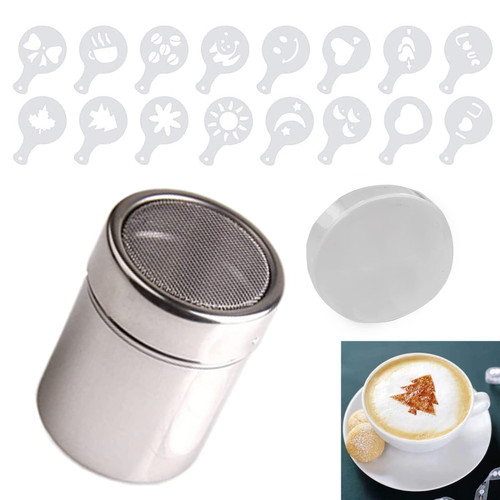 Stainless Steel Chocolate Shaker Duster Dredgers Sprinkler Icing Sugar Cocoa Cinnamon Powder Flour Coffee Latte Cappuccino Mesh Sifter with 16pcs Barista Cocktail Coffee Stencils