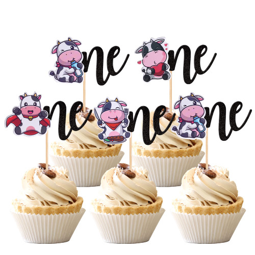24 PCS Cow One Cupcake Toppers Farm Animal First Birthday Cow Cupcake Picks for Cow Theme Baby Shower Kids Boys Girls 1st Birthday Party Anniversary Cake Decorations Supplies Black
