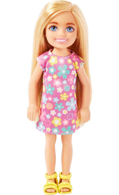 Barbie Chelsea Doll, Small Doll with Long Blonde Hair & Blue Eyes Wearing Removable Purple Flowered Dress & Yellow Shoes Barbie Chelsea Doll, Small Doll with Long Blonde Hair & Blue Eyes Wearing Removable Purple Flowered Dress & Yellow Shoes