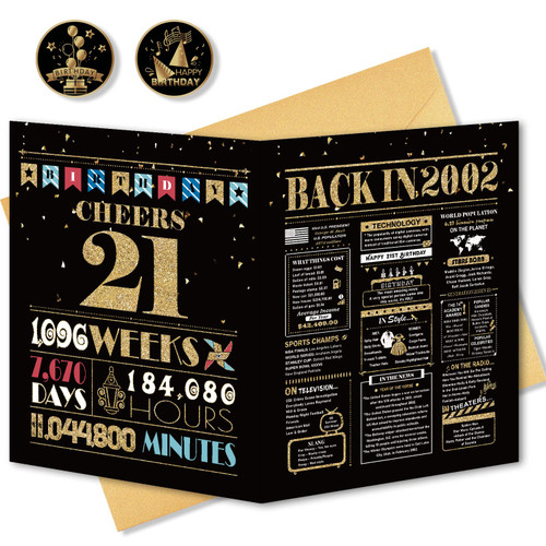 BGTCARDS 21st Birthday Card, 21st Birthday Decorations for Her Him, 21st Birthday Gifts for Daughter Son, Jumbo Birthday Cards for 21 Year Old Granddaughter Grandson, Back in 2002, Black Gold