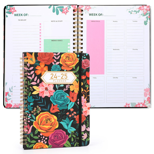 Undated Weekly Planner, 75 Weeks Journal Spiral Planner, Weekly Goals Notebook, To Do List Planner 2024 Planner, C-Black Floral