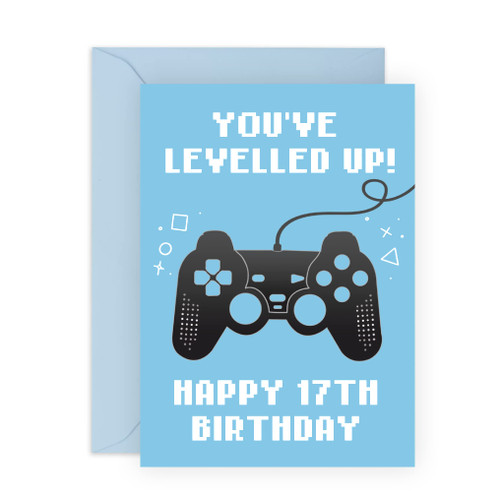 CENTRAL 23 Fun 17th Birthday Card for Boys - 'You've Levelled Up!' - Happy Seventeenth Birthday - Seventeen Year Old - Age 17 - Blue Greeting Card for Gamers - For Teenager - Son, Grandson, Him