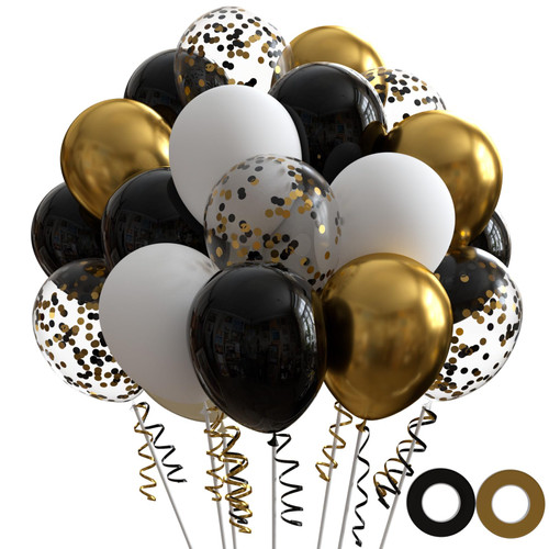 70pcs Black Gold Confetti Balloons Kit, 12inch Metallic Gold Black White Latex Balloons for Baby Shower, Wedding, Birthday, Graduation Party Decorations (2 Ribbons) 70pcs Black Gold Confetti Balloons Kit, 12inch Metallic Gold Black White Latex Balloons for Baby Shower, Wedding, Birthday, Graduation Party Decorations (2 Ribbons)
