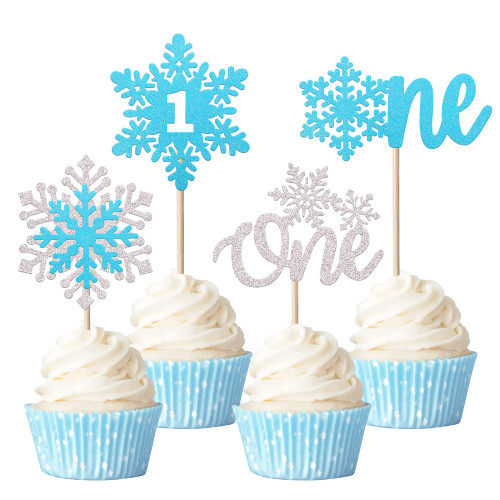 Rsstarxi 24 Pack One Snowflake Cupcake Toppers Glitter 1st Birthday Snowflake One Cupcake Picks for Winter Snowflake Theme Baby Shower First Birthday Christmas Party Cake Decorations Silver Blue