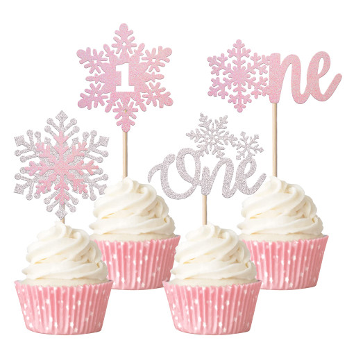 Rsstarxi 24 Pack Snowflake One Cupcake Toppers 1st Birthday Snowflake Cupcake Picks First Birthday Cake Decorations for Snowflake Baby Shower Kids 1st Birthday Christmas Party Supplies Silver Pink