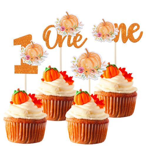 Rsstarxi 24 Pack Pumpkin 1st Birthday Cupcake Toppers Pumpkin One Cupcake Food Toothpicks First Birthday Party Cupcake Decorations for Fall Theme Baby Shower 1st Birthday Party Cake Decorations