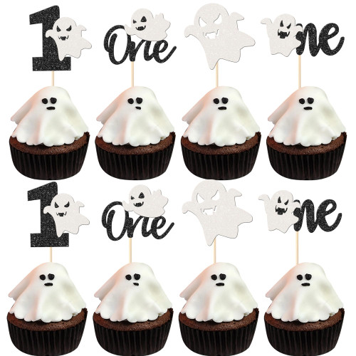 Rsstarxi 24 Pack Ghost One Cupcake Toppers Glitter Ghost 1st Birthday Little Boo First Birthday Cupcake picks Halloween Baby Shower Ghost Cake Decorations for Birthday Halloween Party Decors