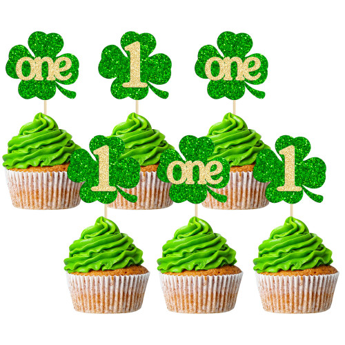 Gyufise 24 Pack Lucky One Cupcake Toppers Green Glitter Shamrock Four Leaf 1st Birthday Cupcake Picks for St Patrick's Day Theme Baby Shower First Birthday Party Cake Decorations Supplies