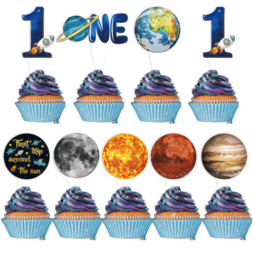 Gyufise 40Pcs First Trip Around The Sun Cake Topper 1st Birthday Cake Decorations Space Cupcake Toppers For Baby Boys Girls Planets Solar System Theme Party Supplies