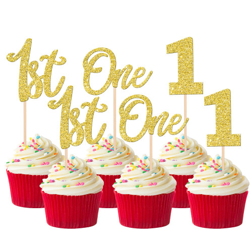 24 PCS 1st Birthday Cupcake Toppers Glitter First Birthday One Cupcake Picks Number 1 Cake Toppers for Baby Shower Kids 1st Birthday Anniversary Party Cake Decorations Supplies Gold