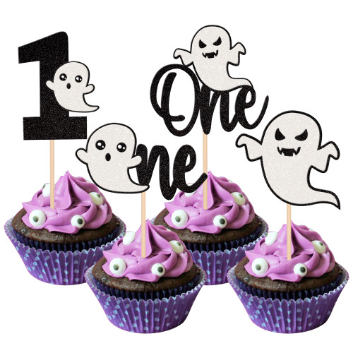 24 PCS Halloween Ghost One Cupcake Toppers Glitter Halloween Spooky One 1st Birthday Cupcake Picks for Halloween Theme Baby Shower Kids First Birthday Party Cake Decorations Supplies