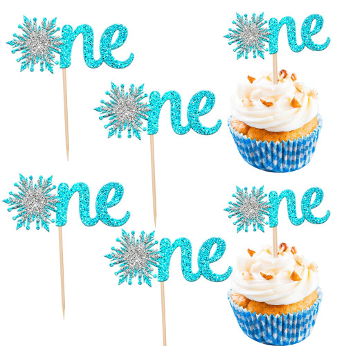 24 PCS Snowflake One Cupcake Toppers Glitter Winter Snowflake 1st Birthday Cupcake Picks Baby Shower Snowflake Theme First Boys Birthday Christmas Party Cake Decorations Supplies Blue