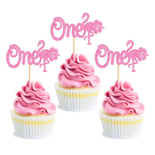 Ercadio 24 Pack Hawaii Flamingos One Cupcake Toppers Pink Glitter Flamingos 1st Birthday Cupcake Picks Flamingo Cake Toppers Hawaiian Tropical Summer Aloha Theme Birthday Party Cake Decor Supplies