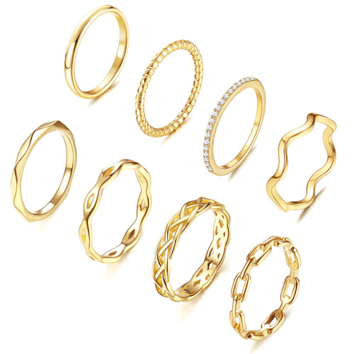 THUNARAZ 14K Gold Plated Rings Stacking Rings for Women Girls Stackable Thin Gold Ring Set Dainty Simple Plain Midi Thumb Knuckle Statement Band Ring Comfort Fit Size 5-10 8PCS