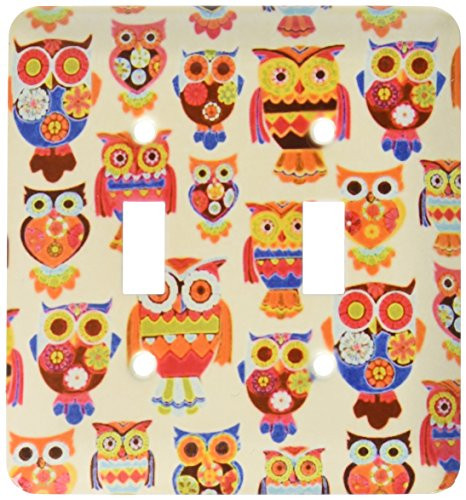 3dRose lsp_60499_2 Folk Art Owls in Red Green Blue N Orange Double Toggle Switch