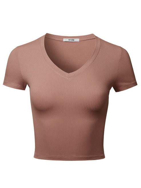 STARJJ Womens Basic Slim Fit Short Sleeve V-Neck Ribbed Knit Crop Top T-Shirts TAN M