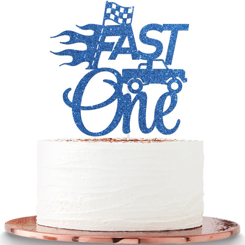 Fast One Cake Topper, Theme 1st Birthday Cake Decorations Chequered Flag Racing Car Theme Party Supplies, Happy 1st Birthday Cake Decor for Baby Boy - Blue