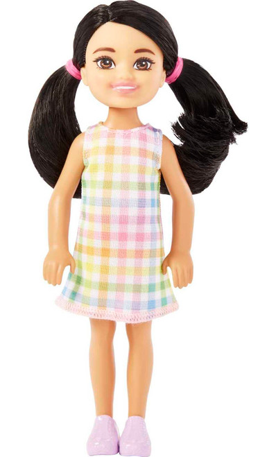 Barbie Chelsea Doll, Small Doll with Black Hair in Pigtails & Brown Eyes Wearing Removable Plaid Dress & Pink Shoes Barbie Chelsea Doll, Small Doll with Black Hair in Pigtails & Brown Eyes Wearing Removable Plaid Dress & Pink Shoes