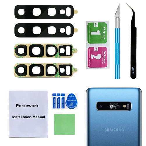 Perzework 2 Pcs Original Back Rear Camera Lens Glass Replacement for Samsung Galaxy S10 and Samsung Galaxy S10+ Plus with pre-Installed Adhesive and Reparing Toolkit