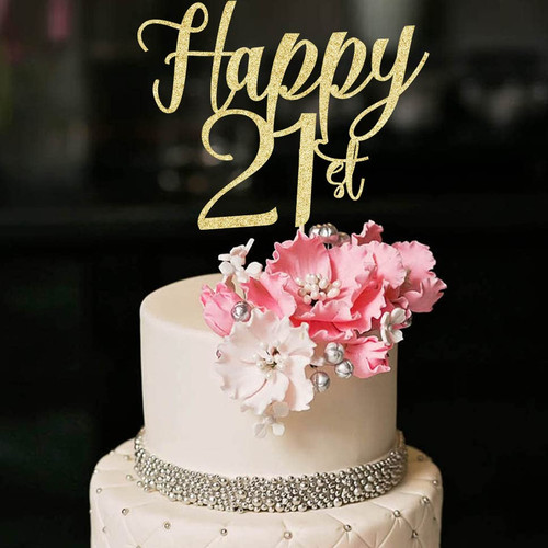 YUINYO Happy 21th Handmade Glitter happy birthday Cake Topper, Cheers to 21th birthday Cake Bunting Decor,Twenty-one Birthday Party Decoration Supplies (Gold)