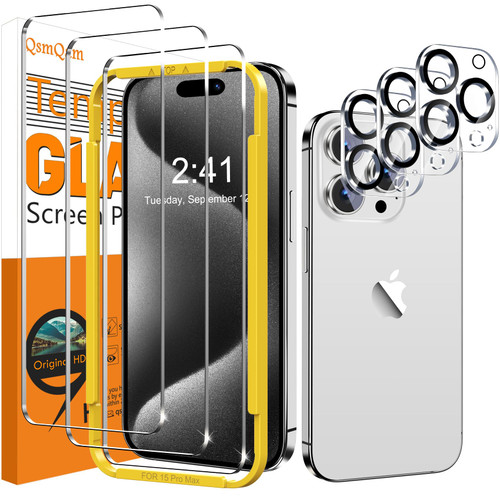 QsmQam 3 Pack Screen Protector for iPhone 15 Pro Max 6.7 Inch with 3 Pack Camera Lens Protector, Ultra HD Tempered Glass, 9H Hardness, Anti Scratch, Bubble Free, Easy Installation, Case Friendly