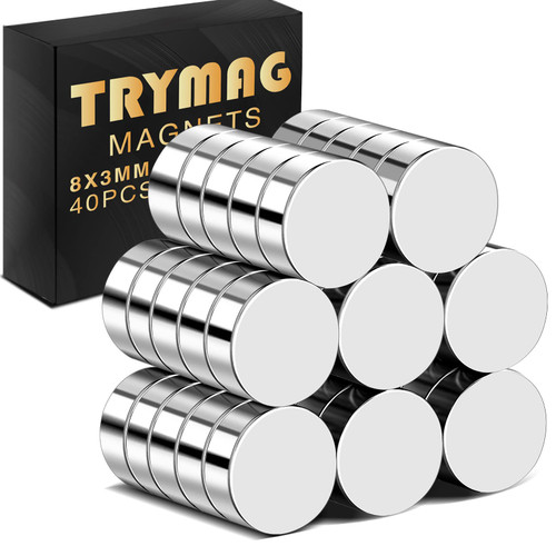 TRYMAG 40Pcs Refrigerator Magnets, Small Round Magnets for Crafts, 8x3mm Mini Rare Earth Magnets Tiny Strong Neodymium Disc Magnets for Whiteboard, Fridge, Office, Hobbies, and Button Magnets