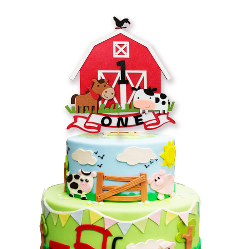 Farm Cake Topper 1st Birthday Farm One Cake Topper Farm Birthday Decorations Barn Barnyard Cake Topper for Farm Birthday Party Supplies (Black)