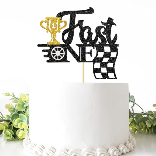 Belrew Fast One Cake Topper, Chequered Flag Race Car Themed Cake Suppllies, 1st Birthday Cake Decor for Boy, Happy Birthday Party Supplies Glittery Black Gold Belrew Fast One Cake Topper, Chequered Flag Race Car Themed Cake Suppllies, 1st Birthday Cake Decor for Boy, Happy Birthday Party Supplies Glittery Black Gold