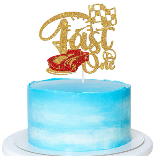 Gold Glitter Fast One Cake Topper, Race Car Theme 1st Birthday Cake Decoration, Chequered Flag Themed Party Decoration for Baby Boys Gold Glitter Fast One Cake Topper, Race Car Theme 1st Birthday Cake Decoration, Chequered Flag Themed Party Decoration for Baby Boys