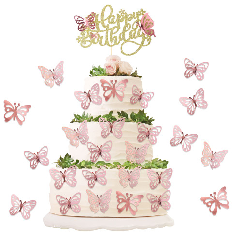 25Pcs Pink Butterfly Cake Toppers Decorations 1 Big Happy Birthday Cake Topper & 24Pcs 3D Rose Gold Butterfly Cupcake Toppers for Wedding Butterfly Baby Shower Girl's Birthday Party Supplies Gold