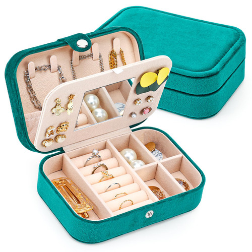 Fixwal Plush Velvet Travel Jewelry Box Small Travel Jewelry Organizer for Women Girls, Portable Jewelry Case with Mirror for Rings Bracelets Earrings Organizer ?Green?