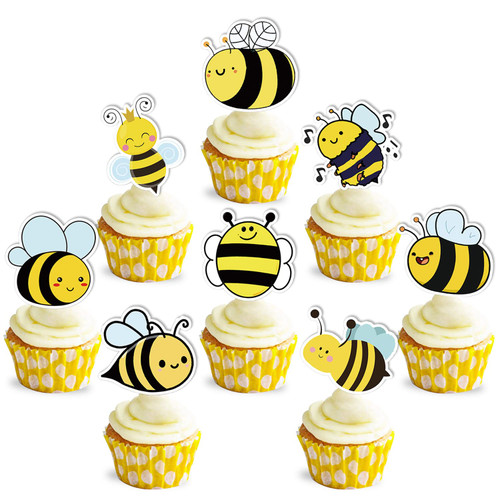 50 Pcs Bumble Bee Cupcake Toppers Bee Cake Decoration Bumble Bee Themed Sticker (2 in 1) Gender Reveal Baby Shower Happy Birthday Party Supplies