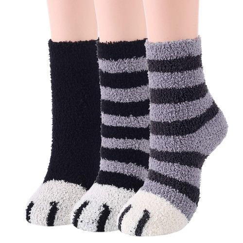 Zando Women's Fuzzy Socks Warm Cute Fuzzy Socks Indoor Slipper Socks Cozy Sleeping Socks Winter Fluffy Socks Super Soft Plush Socks Microfiber Sleep Socks for Girls 3 Pairs Cute Cat Paw One Size