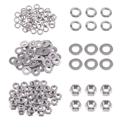 Swpeet 150Pcs Metric 304 Stainless Steel M4 Hex Nuts and M4 Flat Washers with M4 Split Lock Washers Assortment Kit, Coarse Thread Hexagon Nut for Home Automotive Shop Use