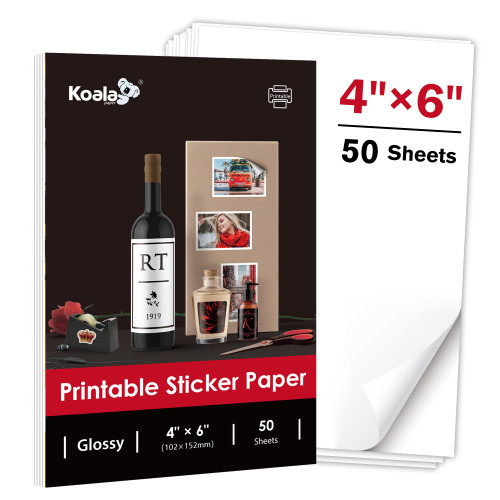 Koala Glossy Sticker Paper for Inkjet Printer, 4x6 Inch 50 Sheets White Printable Sticker Paper, Self-Adhesive Photo Sticker Printer Paper Koala Glossy Sticker Paper for Inkjet Printer, 4x6 Inch 50 Sheets White Printable Sticker Paper, Self-Adhesive Photo Sticker Printer Paper