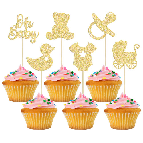 Gyufise 36Pcs Oh Baby Cupcake Toppers Glitter Bear Pacifier Baby Carriage Oh Baby Cupcake Picks Gender Reveal Cake Decorations for Baby Shower Kids Birthday Party Supplies Gold