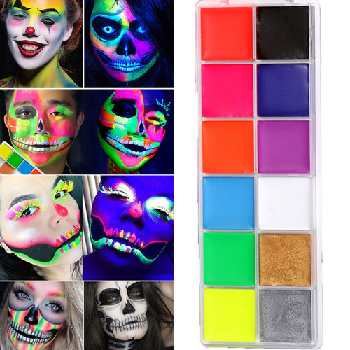 12 colors Glow in the Dark Face Body Paint Glow Face Body Paint UV Face Painting Kit Professional Face Body Paint Makeup for Kids Adults Halloween Party Supplies Waterproof Glow Face Paint