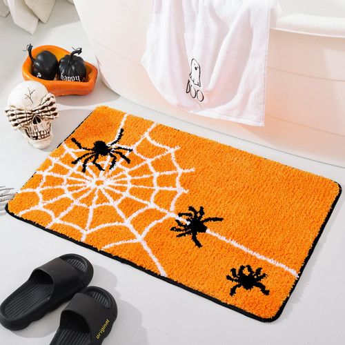 TRUEDAYS Halloween Bath Mat Cute Orange Spider Web Halloween Bathroom Decor Rugs for Bathroom Non Slip, Spooky Shower Rug for Bathroom, Bedroom, Living Home Decoration