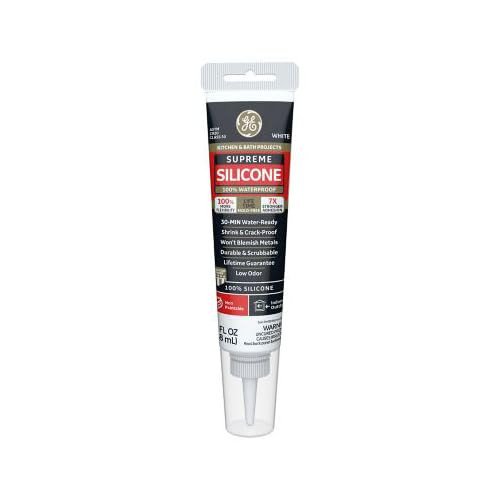 GE Supreme Silicone Caulk for Kitchen & Bathroom - 100% Waterproof Silicone Sealant, 7X Stronger Adhesion, Shrink & Crack Proof - 2.8 fl oz Tube, White, 1 Pack