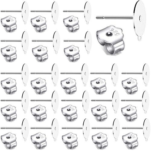 100Pcs 925 Sterling Silver Earrings Posts Flat Pad Ear Stud Hypoallergenic Blank Earring Pins with Loop and 925 Sterling Silver Earring Backs for Jewelry DIY Making Findings