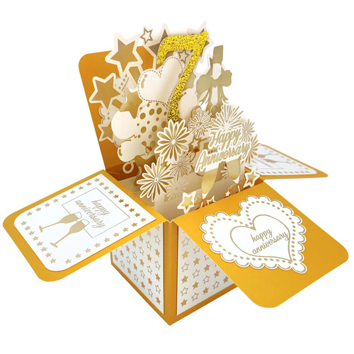 YiKaLus Funny 7th Anniversary Pop up Card for Him Her, Greet wedding Gifts for 7th Anniversary, Happy 7 Years Marriage Anniversary 3D Card for Husband Wife, Best Seven Years Aday Gift Idea for Couple