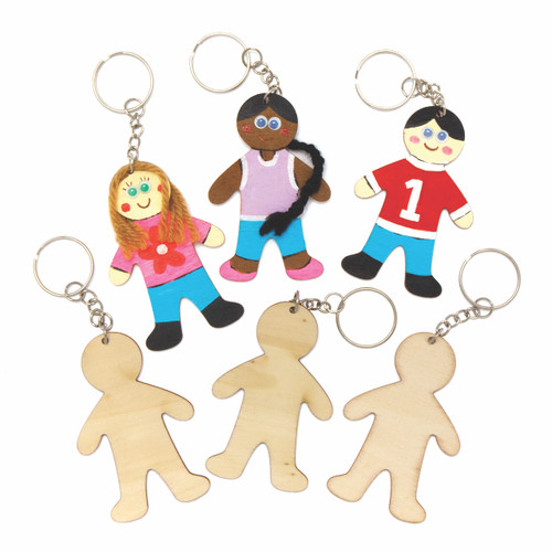 Baker Ross AX679 People Keyring Blanks - Pack of 10, Wooden Bag Dangler Creative Activities for Kids Arts and Crafts or Keychain Making Projects