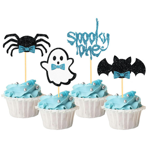 24Pcs Blue Halloween Ghost Cupcake Toppers, Spooky One Cupcake Picks for Halloween 1st Birthday Decorations, Halloween cake Topper Decor, Ghost Bats Halloween Birthday Party Decorations (Blue One)