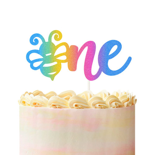 Rainbow Glitter Bee One Cake Topper,Bee 1st Birthday Baby Shower Cake Decor,Bee Gender Reveal Baby Shower Birthday Party Supplies Decorations First Birthday Cake Topper.