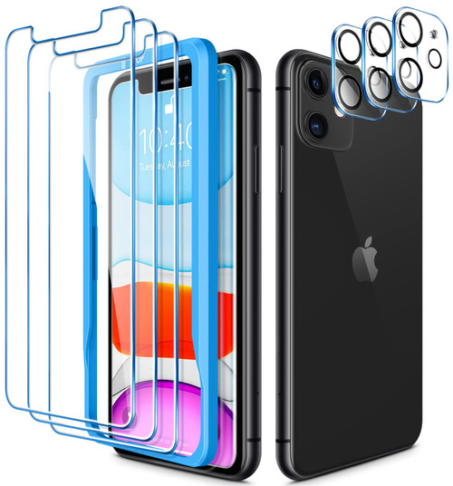 CANSHN 3 Pack Screen Protector for iPhone 11 [6.1 inch] + 3 Pack Tempered Glass Camera Lens Protector with Easy Installation Frame, Anti-Scratch, Case Friendly, 9H Hardness, HD Clear Film [6 Pack]