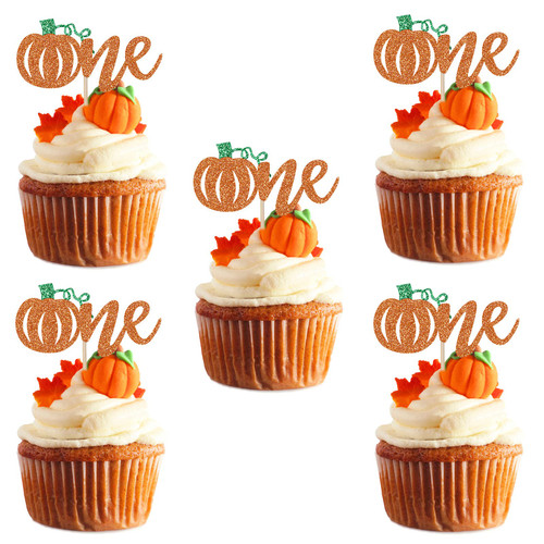 24Pcs Glitter Pumpkin One Cupcake Toppers- Pumpkin Birthday Baby Shower Party Decorations,Pumpkin 1st Birthday Cake Decorations,Fall 1st Birthday Party Cupcake Picks,Pumpkin Cupcake Toppers