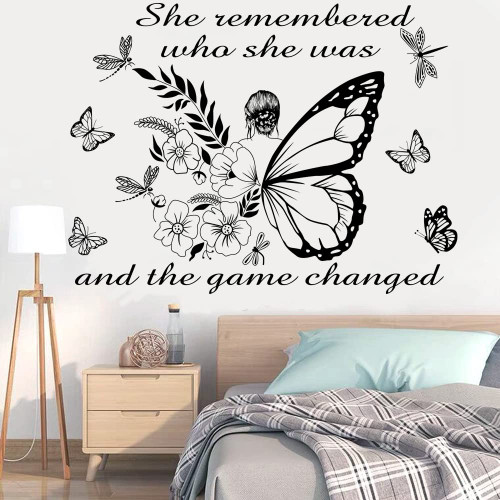 Girls Inspirational Wall Sticker Decal Wall Art Quote She Remembered Who She Was And the Game Changed Wall Decals Positive Motivational Butterfly Decor Wall Stickers for Women Girls Bedroom Decor Living Room Decor Beauty Salon Yoga Studio Home Decor
