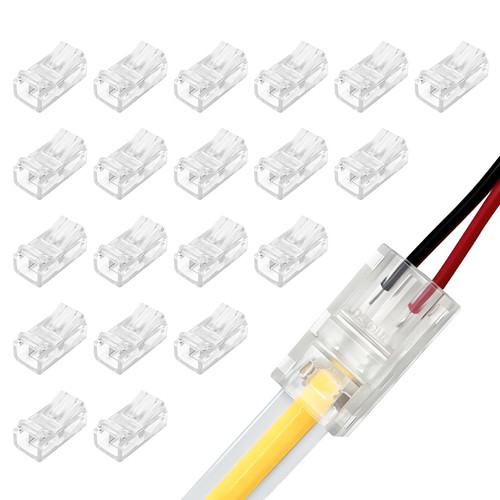 20 Pieces 2-Pin 8mm LED COB Strip Connector, Transparent Solderless LED Linghting Adapter, Quick Connector Extension Terminal for LED Strip Lights, Gapless Track Lighting Connectors
